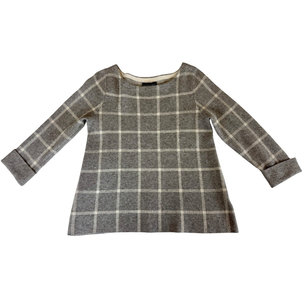 Cynthia Rowley Gray‎ Windowpane Plaid Sweater Womens Small 3/4 Sleeve Knit